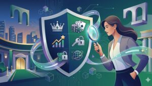 Современная минималистичная иллюстрация с элементами роскошного интерьера казино для статьи о критериях выбора премиум-заведения.