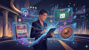 Футуристическая иллюстрация трендов гемблинга 2026 года с акцентом на гиперперсонализацию в премиальном казино
