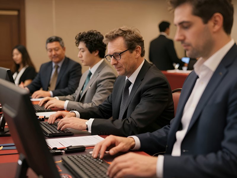 Команда специалистов компании Планета 54 обсуждает проект в современном офисе при теплом освещении